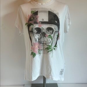 Harley Davidson White Graphic Tee with Skull and Floral Design Women’s XL